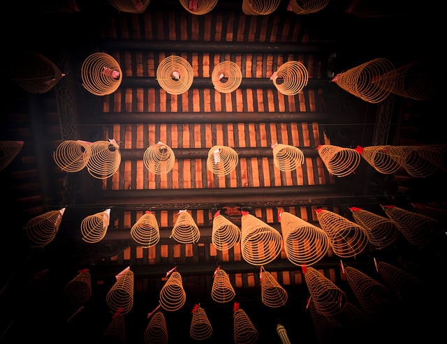Cone-shaped incense burners on the ceiling of the Pagoda. 