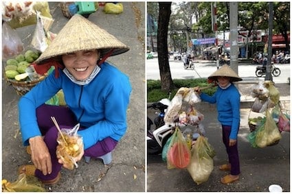 A yoke carrier who sell rice paper snack in Ho Chi Minh city