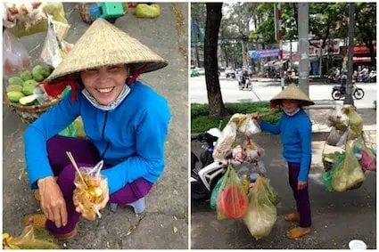 A yoke carrier who sell rice paper snack in Ho Chi Minh city