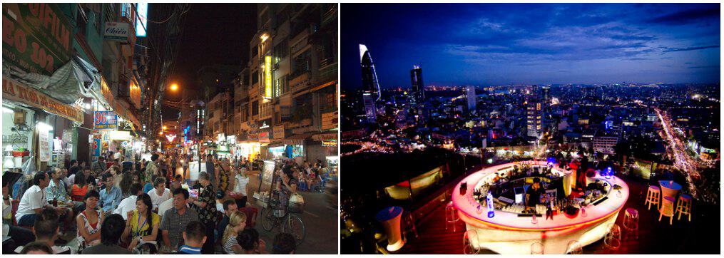 The different kinds of nightlife in the city - backpacker style with watering holes on the street and upscale rooftop bars with an amazing view of the city.