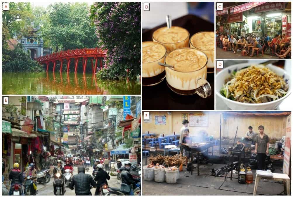 A - The red bridge at Hoan Kiem lake, B - The infamous Egg Coffee; C - Bia Hoi Corner; D - Bun Bo Nam Bo; E - The Old Quarter in Hanoi; F - BBQ Chicken Street