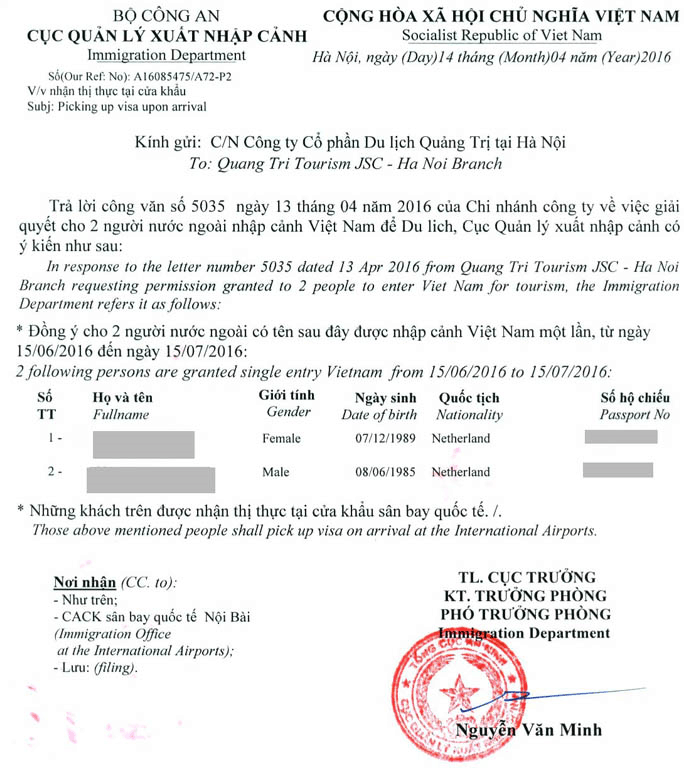 approval letter form immigration Vietnam
