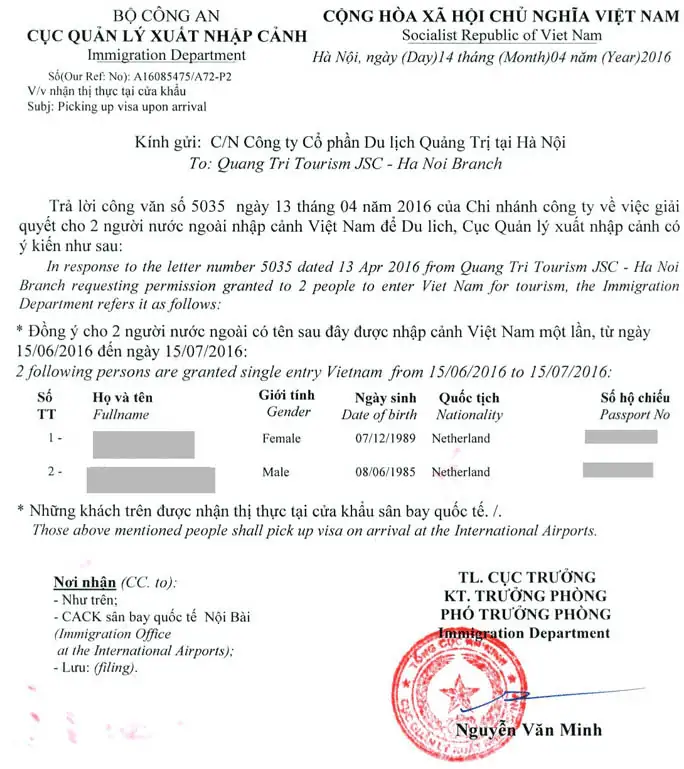 approval letter form immigration Vietnam