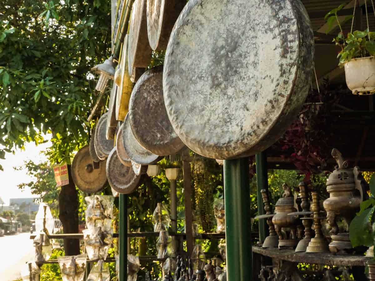 Vintage Drum hanging and copper Antiques at Phuoc Kieu Village