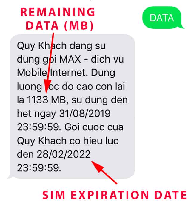 Sample Mobifone remaining data text