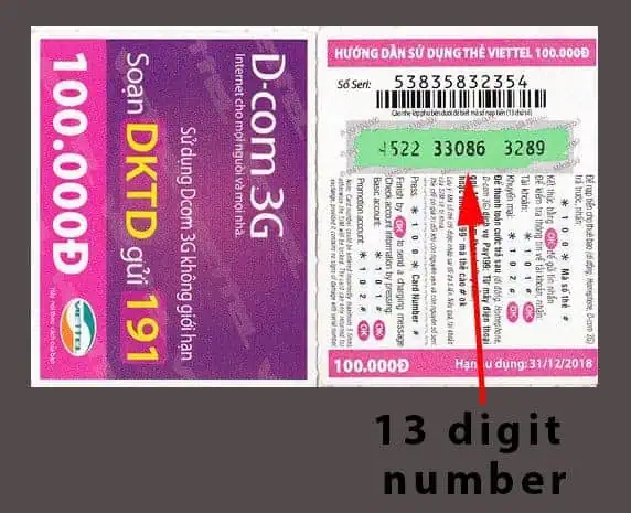 Example of a Viettel scratch card