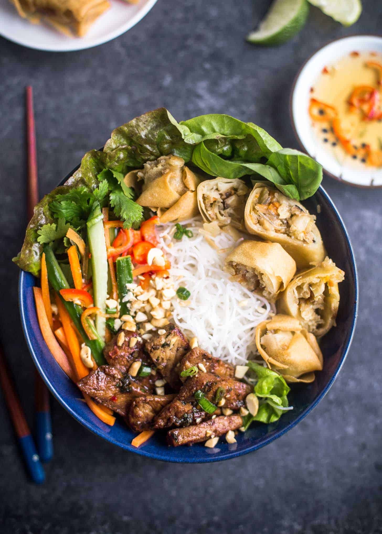 Delicious Bowl of Bun Thit Nuong Cha Gio with peanuts