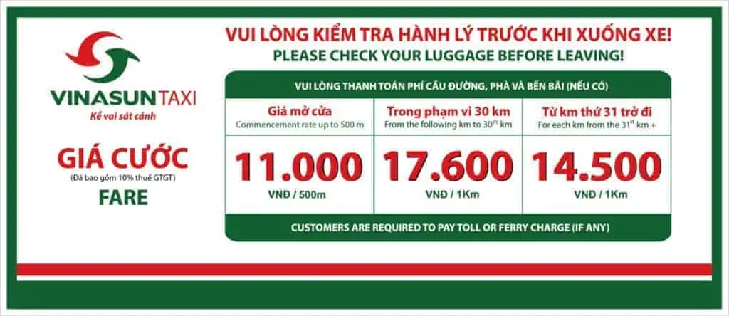 A reference table for Vinasun taxi fares